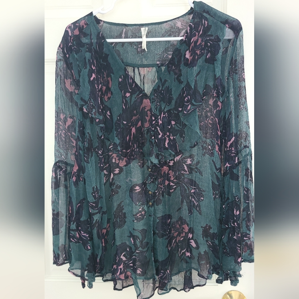 Anthropologie Dark Teal and Purple Sheer Blouse